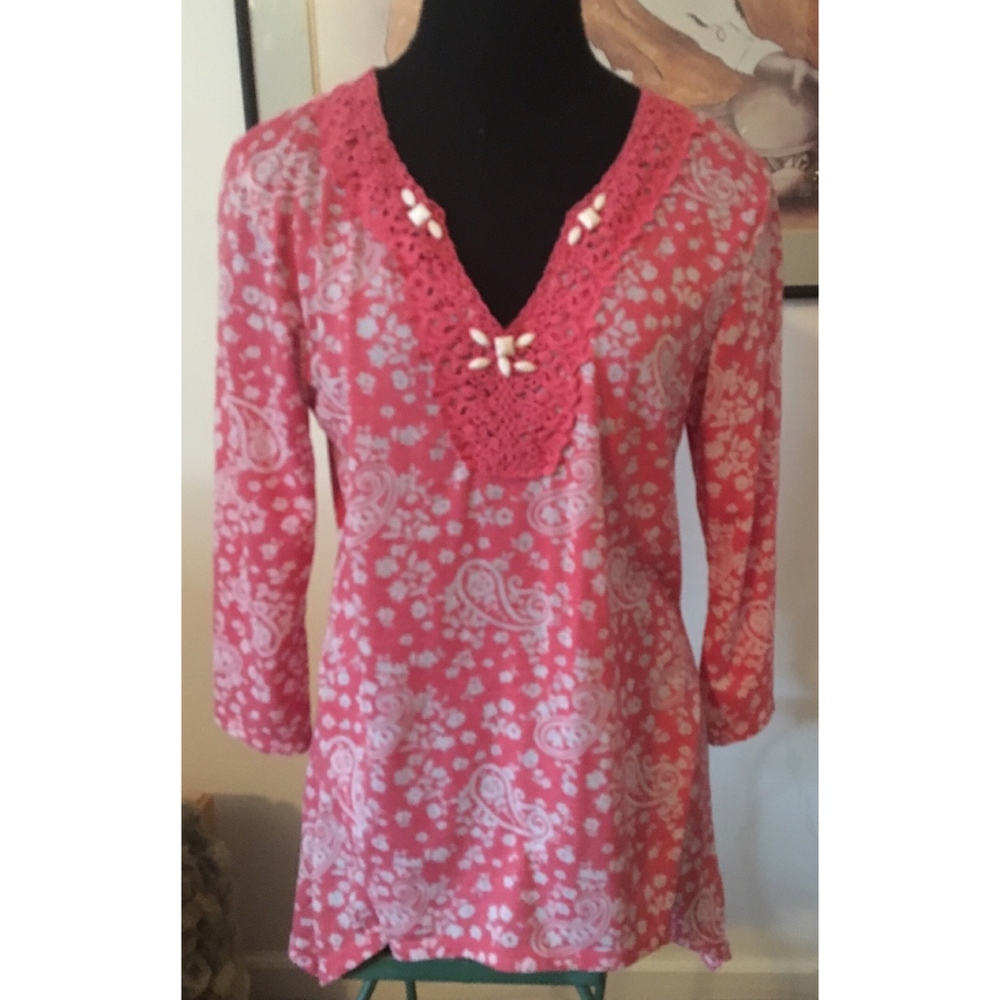 Coral Flowered Top With Beads, Vintage Suzie, M